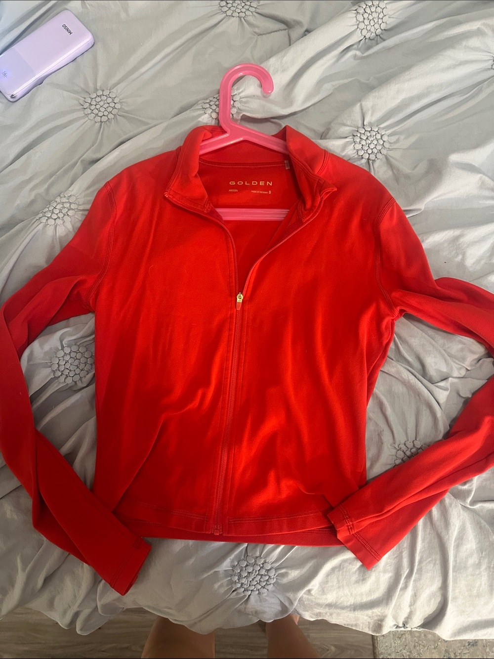 Women red golden zip up Aritzia